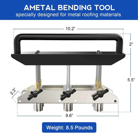 Front view of Heavy Duty Adjustable Rebar Bender With Three Station Edge Roller showing dimensions and metal handle.