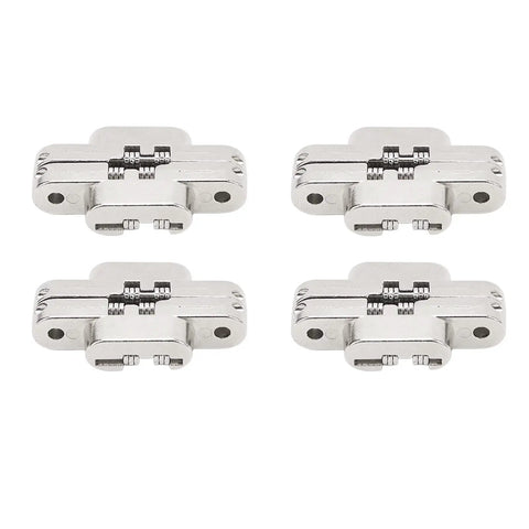 Mini Zinc Alloy Cross Hidden Hinge Set for Cabinets and Jewelry Boxes, 4 Pieces, 180 Degree Swing, view of hinges on white background