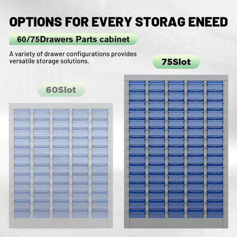 Image of a Heavy Duty 75 Drawer Parts Cabinet For Tools And Hardware Steel Storage with visible 75 blue drawers.