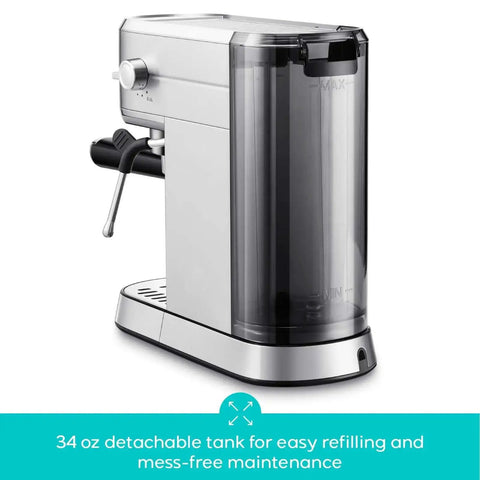 Compact 20 Bar Espresso Machine with Steam Milk Frother and 34 oz detachable water tank, stainless steel, side view