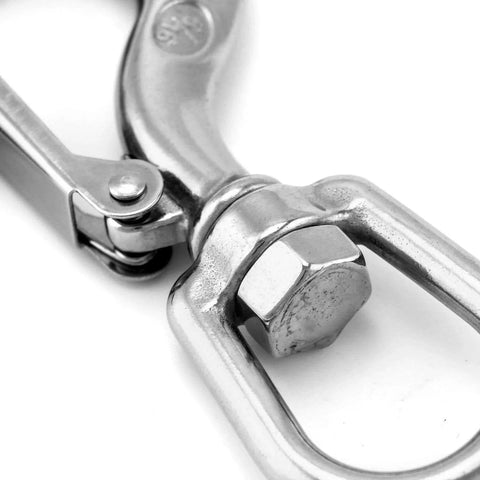 Close-up of Slip Hooks 1400Lb Stainless Steel Rotatable Swivel Clevis Hook with safety latch, showing swivel mechanism.