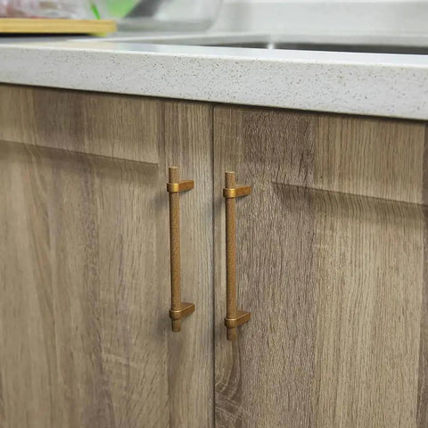Six Pack 5 Inch Center To Center Knurled Antique Brass Cabinet Bar Handles With Blocky Triangular Mounts on wooden kitchen cabinets