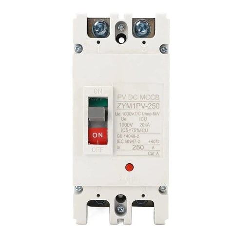 Front view of Two Pole DC Miniature Circuit Breaker 1000V 250A Molded Case Switch, 20kA Breaking Capacity, Built Tough From Thermosetting Material
