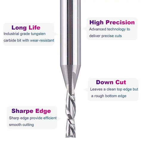 Down Cut Spiral Router Bit Set For Wood Milling Pro Grade, Five Pack, Quarter Inch Shank, One Eighth Inch Cutting Diameter, showing sharp carbide CNC bit with labels