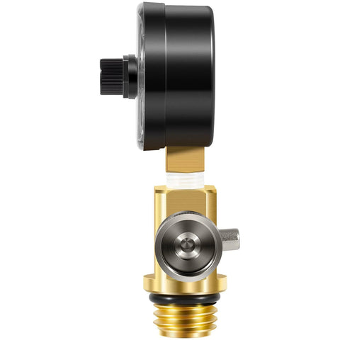 Brass air relief valve with gauge, gold body, black top housing, side port, threaded bottom