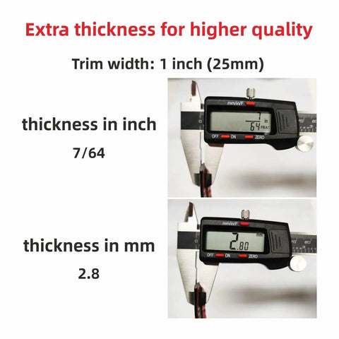 Display showing thickness measurements of 16 Foot Glossy Black Car Exterior Interior Molding Trim Self Adhesive Universal in inches and mm