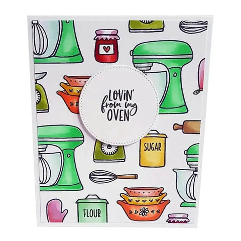 Craft card design using Silicone Clear Stamp And Die Set for card making and DIY embossing projects, featuring baking theme graphics.