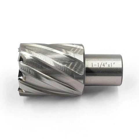 Close-up of Annular Cutter Jestuous For Magnetic Drill Press With Weldon Shank Three Quarters Inch Cutting Diameter One Inch Cutting Depth
