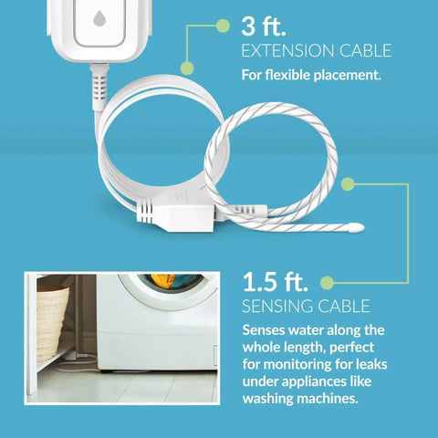Smart WiFi Water Leak Detector Starter Kit With Two Sensors 100 dB Alarm App Alerts LED Strobe No Hub Needed Works With Google 1000ft Range Expandable System showing extension and sensing cables for placement and water detection.