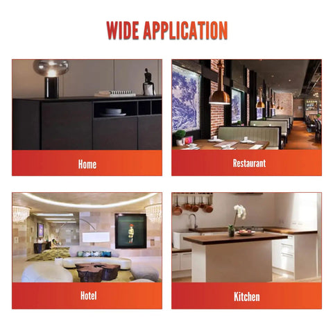 Collage showing applications of 360 Degree Rotatable Inset Offset Pivot Door Hinge in home, restaurant, hotel, and kitchen settings.