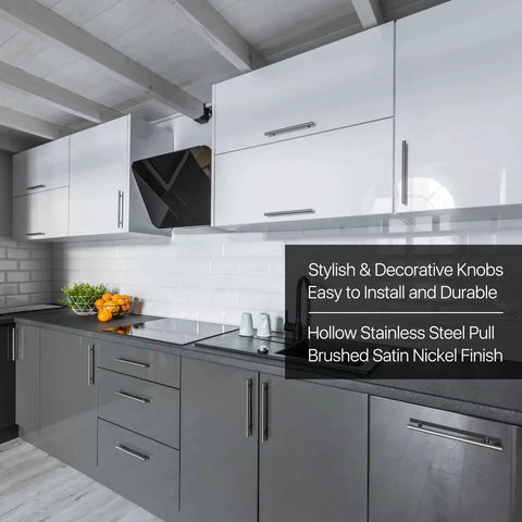 Modern kitchen with 5 Pack Stainless Steel Kitchen Cabinet Handles T Bar Drawer Pulls 12 Inch Length installed on cabinets.