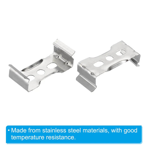 20 Pack T8 LED Light Clips For Fluorescent Tubes Stainless Steel Mounting Brackets With Screws For Easy Install On Ceiling Light Fixtures In Home Office 4mm Mounting Hole M4 Screws Included Compact 33.5mm By 11.5mm Clip Size, close-up of stainless steel brackets.
