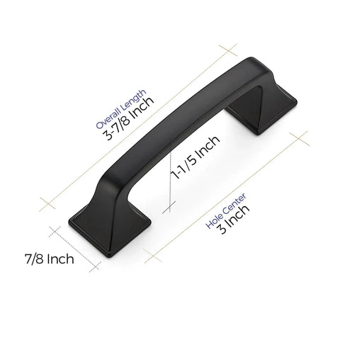 Dimensions of 30 Pack Solid 3 Inch Center To Center Square Arch Cabinet Pulls Matte Black for kitchen cabinets, shown with measurements.