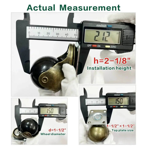 Antique Brass 1.5 Inch Caster Wheels Set Of 4 showing measurements with calipers, including 1.5-inch wheel diameter and top plate size.