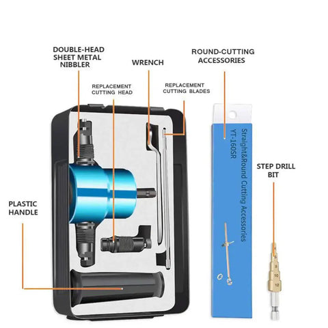 Double Head Metal Sheet Nibbler Cutter For Drill Circle Cutting Kit With Wrench And Accessories Burr-Free Edges Up To 14 Gauge Steel