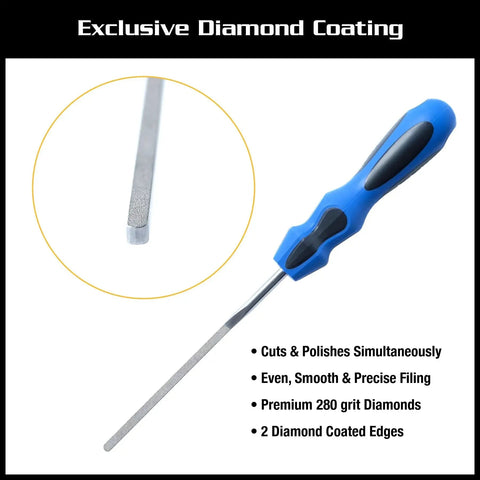 Blue handle Diamond Coated Guitar Fret End Dressing E File for Fret Sprout and Sharp Ends Deburring Smoothing and Rounding Luthier and Tech Tool for Precision Setup and Quick Fixes by MusicNomad shown close-up