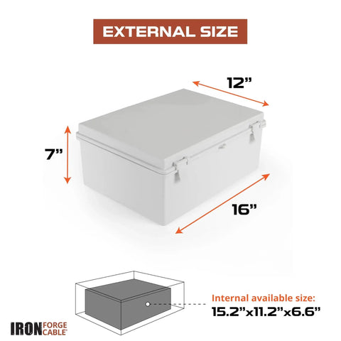 Extra Large Outdoor Waterproof Junction Box With Hinged Panel Cover dimensions 16 x 12 x 7 inches, weatherproof electrical enclosure.