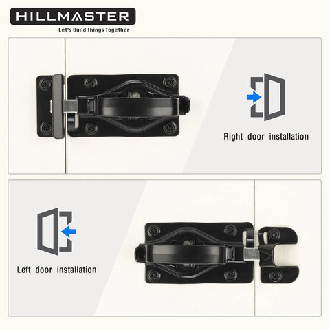 Heavy Duty Automatic Locking Gate Handle Latch For Interior And Exterior Doors, Built Tough Door Latch Hardware For Outdoor Fences, Barns, Sheds, Garages, Right Or Left Handed, Two Mounting Ports, Padlock Ready, Black Finish shown in right and left installation diagrams.