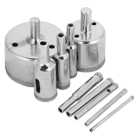 10 Piece Drill Saw Bits Set With Coated Core Bits For Glass Tile Ceramic Marble Porcelain Granite And More Pro Grade Performance Water Lubrication Required 3 To 50 Mm Sizes For Electric Drill displayed on flat surface
