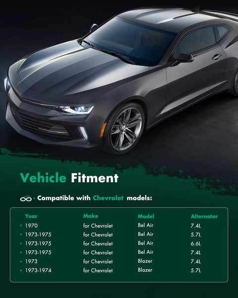 Three Wire 105Amp 12V Self Exciting Alternator Replacement For Chevy Cars alongside vehicle fitment chart for Chevy models.