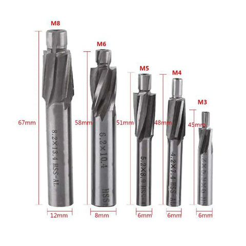 Counterbore Drill Bit Set For CNC Milling 5 Piece M3 To M8 Countersink End Mills 4 Flute HSS AL Steel