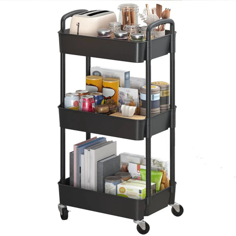 3 Tier Plastic Rolling Utility Cart With Handle For Office Kitchen And Living Room, filled with jars and paper towels, on wheels