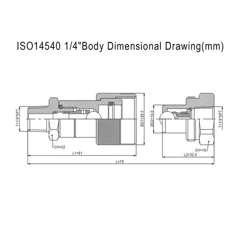 Dimensional drawing of Pro Grade One Quarter Inch NPT High Pressure Hydraulic Quick Coupler Set ISO 14540 Series.