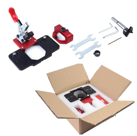 35mm Metal Concealed Hinge Jig With Quick Clamp And Dust Vacuum Adapter set in packaging and tools displayed