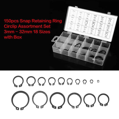 Retaining Ring Circlip Kit With 18 Sizes And 150 Pieces Boxed Set for easy secure snap installations, showing open box