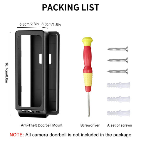 Packaging contents showing No Drill Anti Theft Doorbell Mount For E340 And Wyze Duo Cam Doorbell Adjustable Wall Bracket, screwdriver, screws.