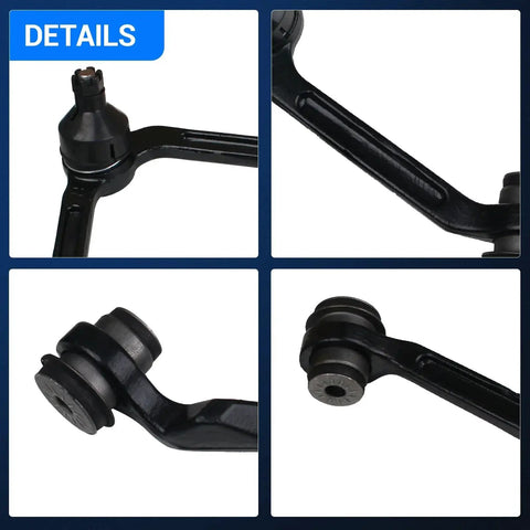 Upper control arm with ball joint, black steel front suspension part shown in four-view collage