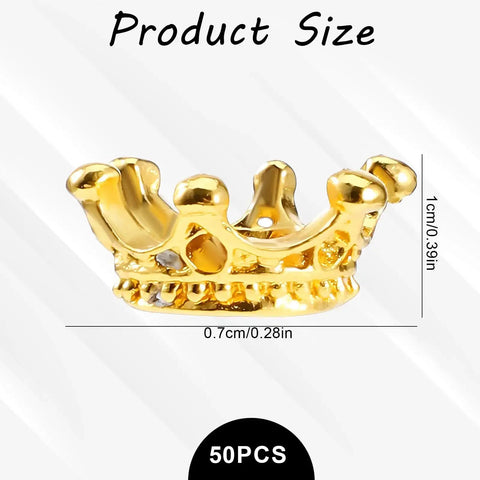 Product size guide for 50 Pack Mini Crown Charms For DIY Jewelry Making, showing a gold alloy crown charm with dimensions 1x0.7 cm.