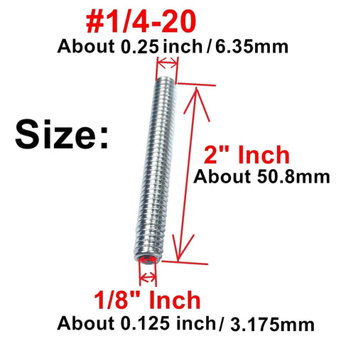 Six Piece Set Screws One Quarter Twenty Inch Hex Socket Stainless Steel 304 With Allen Head and One Eighth Inch Hex Wrench Included Grub Screws for Heavy Duty Quick Fastening Built to Last in Harsh Conditions, shown with size measurements