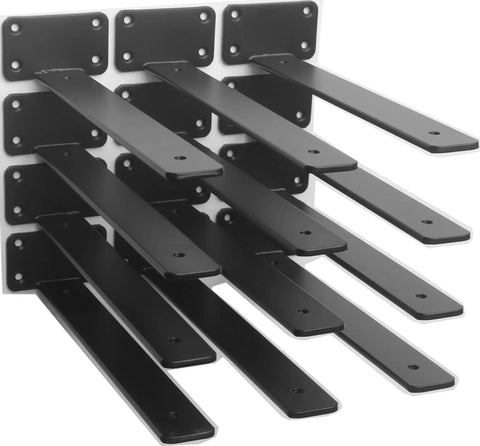10 Inch Black Hidden L Shelf Brackets Set Of 12 Heavy Duty Iron Floating Shelf Brackets in a stack, front view