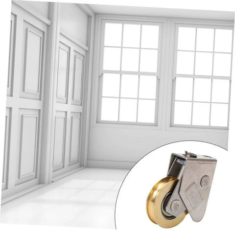 Heavy Duty Door And Window Bearing Pulley Roller Assembly Two Pack For Sliding Tracks shown in a modern room with windows.
