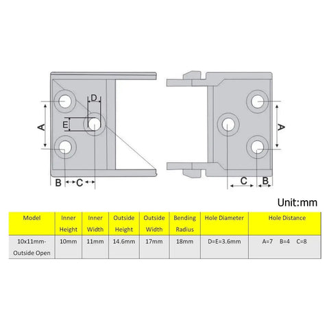 Technical diagram of Open Type Cable Drag Chain 1 Meter Black Plastic Internal 10x11mm External 15x18mm for 3D Printers and CNC Machines.