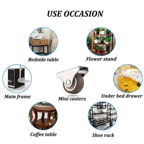 Fixed 1 Inch Caster Wheels 8 Pack With Silent Bearing Metal Top Plate And TPE Rubber Low Profile Casters For Furniture Cabinets Drawers Trundle Beds Smooth Rolling Includes Mounting Screws For Easy Installation shown with various furniture applications