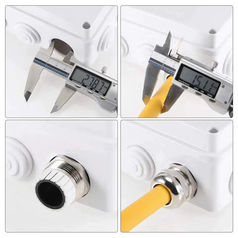 Six Pack PG7 Cable Gland Metal Waterproof Connector for 3mm to 6.5mm Wire Diameters shown installed and measuring dimensions.