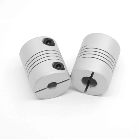 Two aluminum shaft couplings with set screws, 5–8 mm bore, 25 mm length, 20 mm diameter.