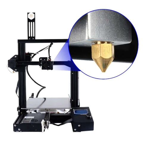 3D printer with close-up of 30 Pack 0.4mm Brass Nozzles for Ender 3 V2 and Creality CR10 Series, highlighting smooth extrusion nozzle.