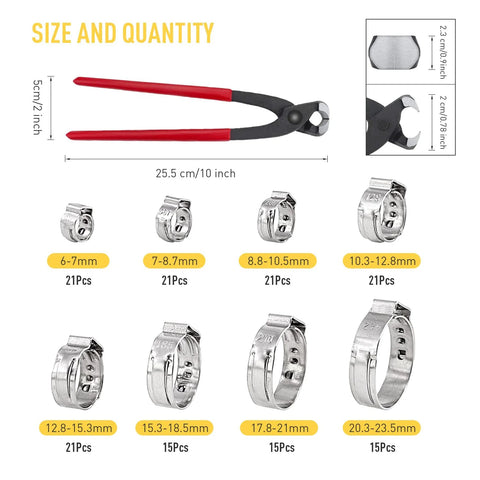 Hose clamp set with ear clamp plier: 150Pcs 304 stainless steel single-ear clamps, 6–23.5mm range
