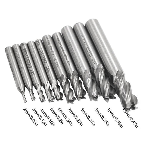 End Mill Set For CNC Routing 10 Pc Sizes From 0.08 Inch To 0.47 Inch 4 Flute HSS Straight Shank Cutter Bits For Wood Aluminum Steel Titanium AFUNTA TiAIN Coated For Heat Resistant Machining, displayed in a row showing size increase