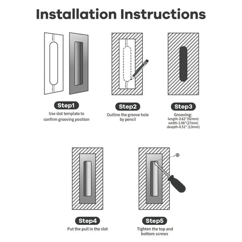 Installation instructions for Matte Black Pocket Door Hardware Set With Two Recessed Flush Finger Pulls And One Edge Pull Stainless Steel 304 Finish.