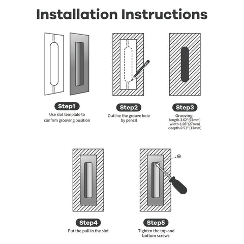 Installation instructions for Brushed Silver Pocket Door Hardware Set With 2 Recessed Flush Finger Pulls And 1 Edge Pull.