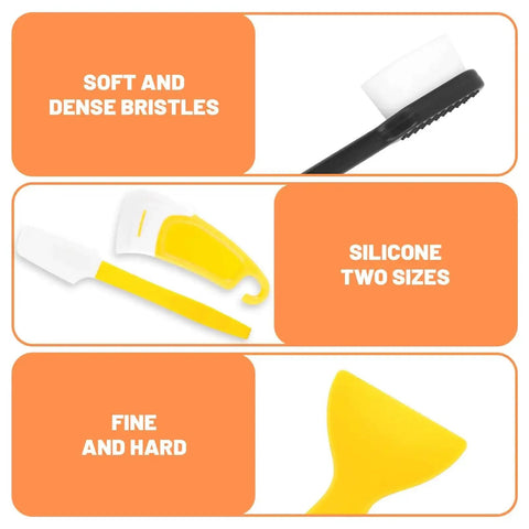 Components of Must-Have 7-Piece UV Resin 3D Printer Cleaning Kit including soft brush, silicone spatulas, brushes, and scrapers.