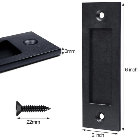 Finger Flush Pulls for Sliding Pocket Barn Door Handle Set, Recessed Rectangular Plate, Matte Black Finish, dimensions shown.