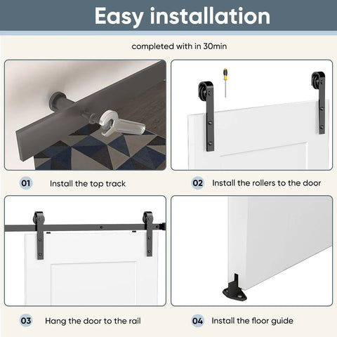 Installation steps for 36 By 84 Inch Sliding Barn Door Kit, White Primed Composite Interior Slab With 2 Panels, preassembled solid core.