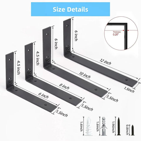 Size details of 6 Pack Heavy Duty 12 Inch Black L Shelf Brackets For Floating Shelves 1/5 Inch Thick One Piece Stamped Construction