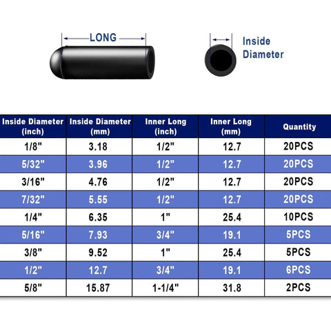 Dimensions and sizes chart for 108 Piece Rubber Vacuum Caps Kit with assorted sizes for carburetor and engine manifold hoses.