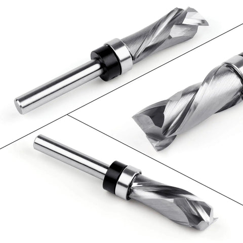 Pro Grade Extra Long Compression Flush Trim Router Bit With One Quarter Inch Shank And One Half Inch Cutting Diameter One And A Quarter Inch Cutting Length Spiral Pattern Template Router Bit For CNC Woodworking Edge Trimming close-up view